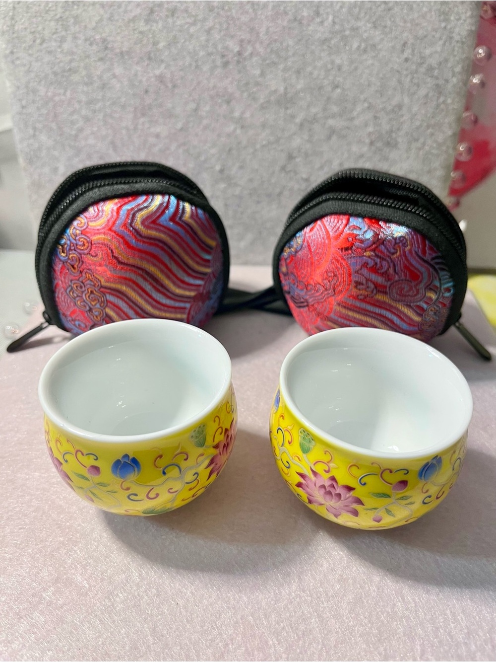 Set of 2 Vintage-Style Chinese Yellow Falangcai Enamel Lotus Porcelain Teacups
